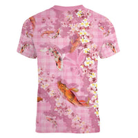 Pink Palaka Hawaiian And Japanese Women V-Neck T-Shirt Sakura Lei With Koi Fish - Polynesian Pride