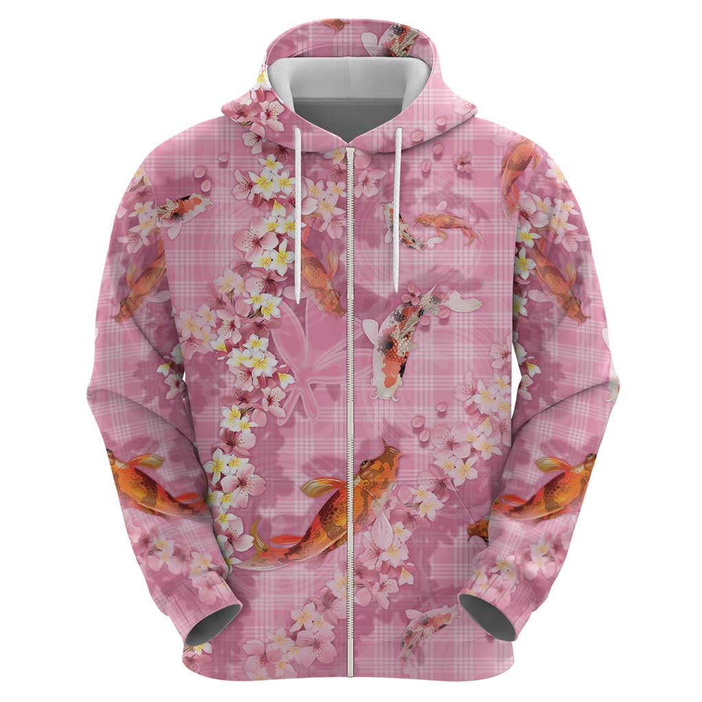 Pink Palaka Hawaiian And Japanese Zip Hoodie Sakura Lei With Koi Fish - Polynesian Pride