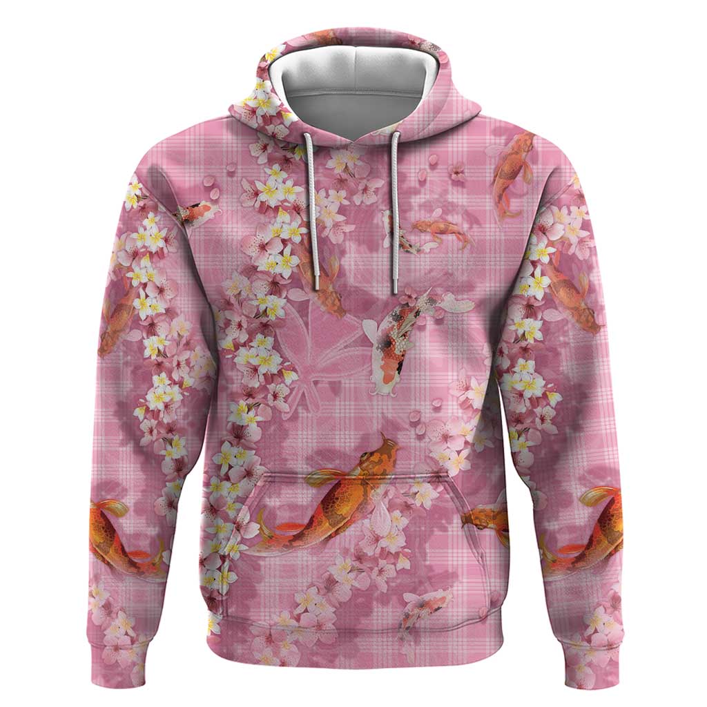 Pink Palaka Hawaiian And Japanese Zip Hoodie Sakura Lei With Koi Fish - Polynesian Pride
