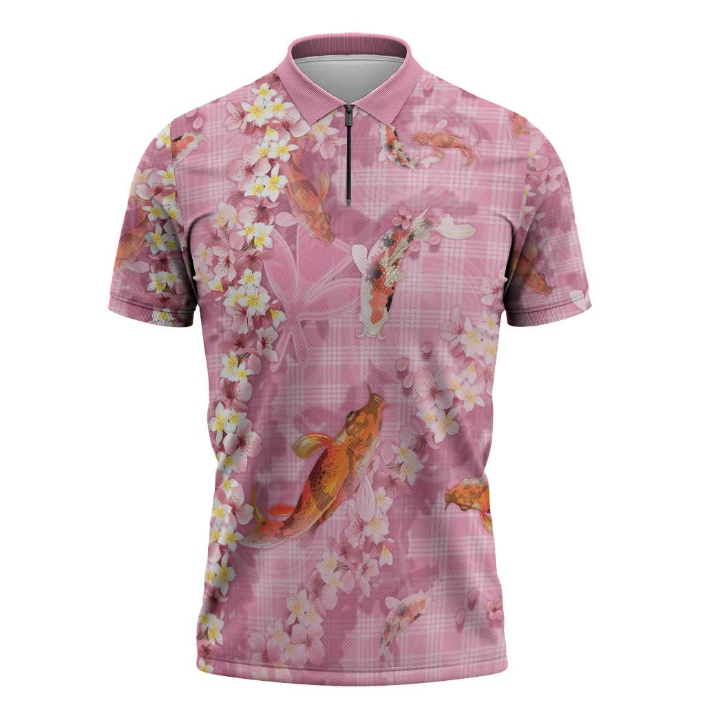 Pink Palaka Hawaiian And Japanese Zipper Polo Shirt Sakura Lei With Koi Fish - Polynesian Pride