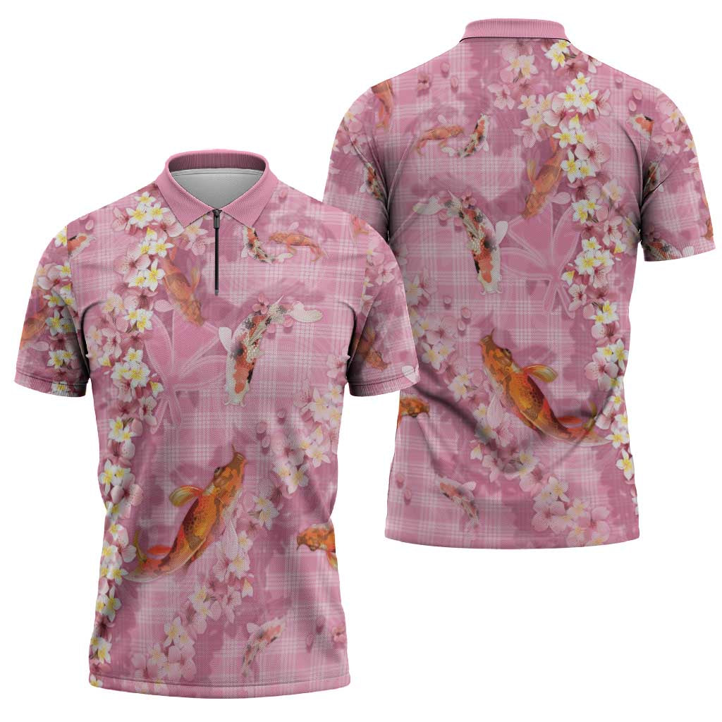 Pink Palaka Hawaiian And Japanese Zipper Polo Shirt Sakura Lei With Koi Fish - Polynesian Pride