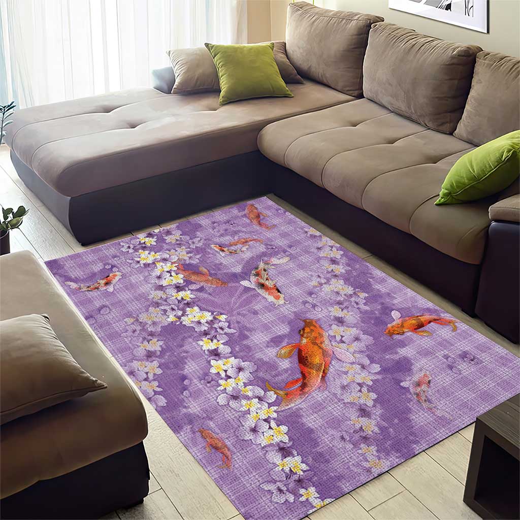 Purple Palaka Hawaiian And Japanese Area Rug Sakura Lei With Koi Fish - Polynesian Pride