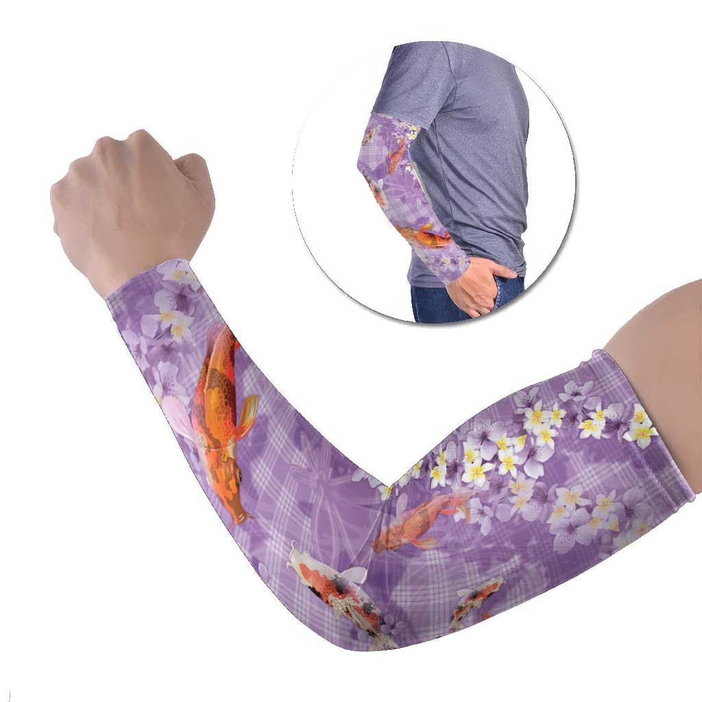 Purple Palaka Hawaiian And Japanese Arm Sleeves Sakura Lei With Koi Fish - Polynesian Pride