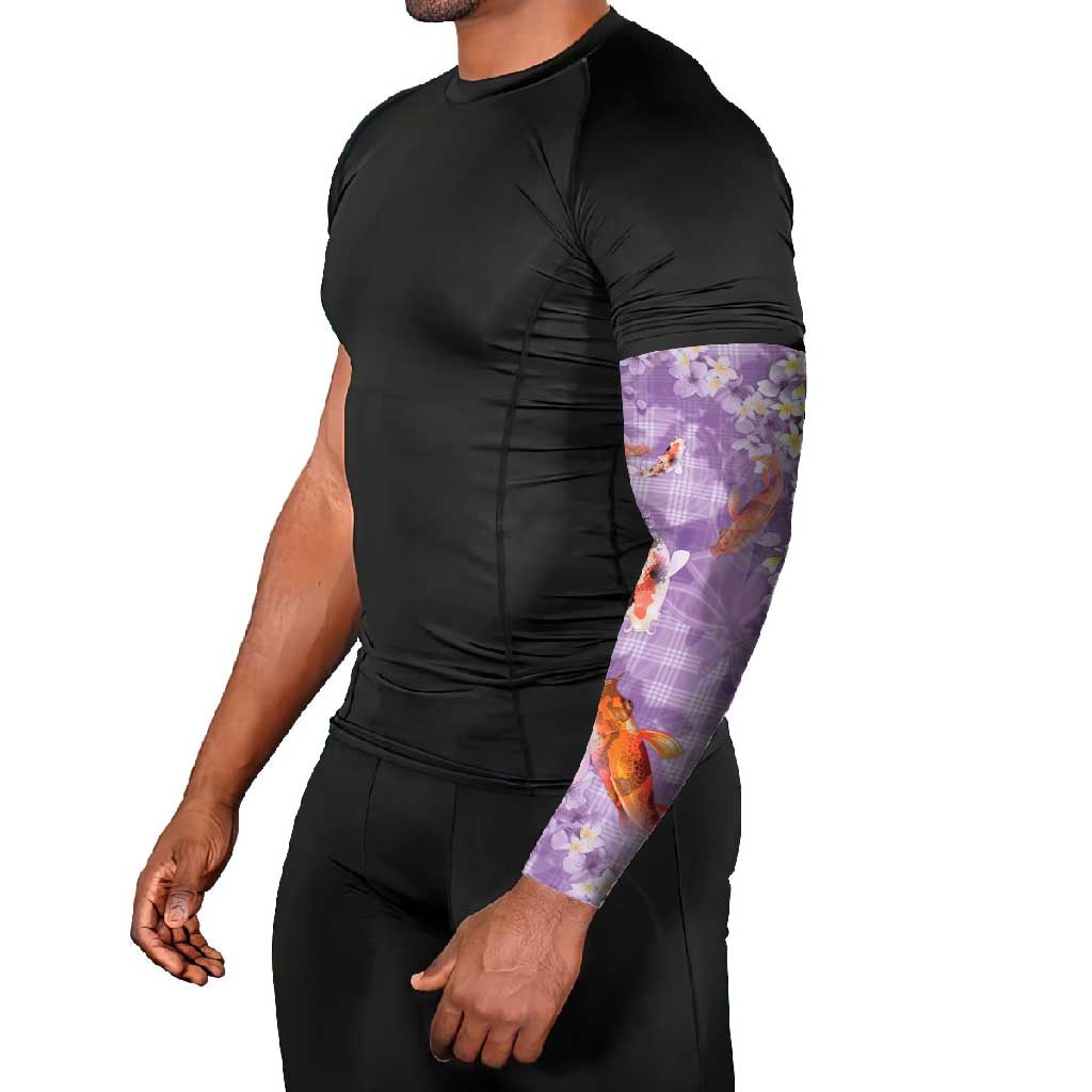 Purple Palaka Hawaiian And Japanese Arm Sleeves Sakura Lei With Koi Fish - Polynesian Pride