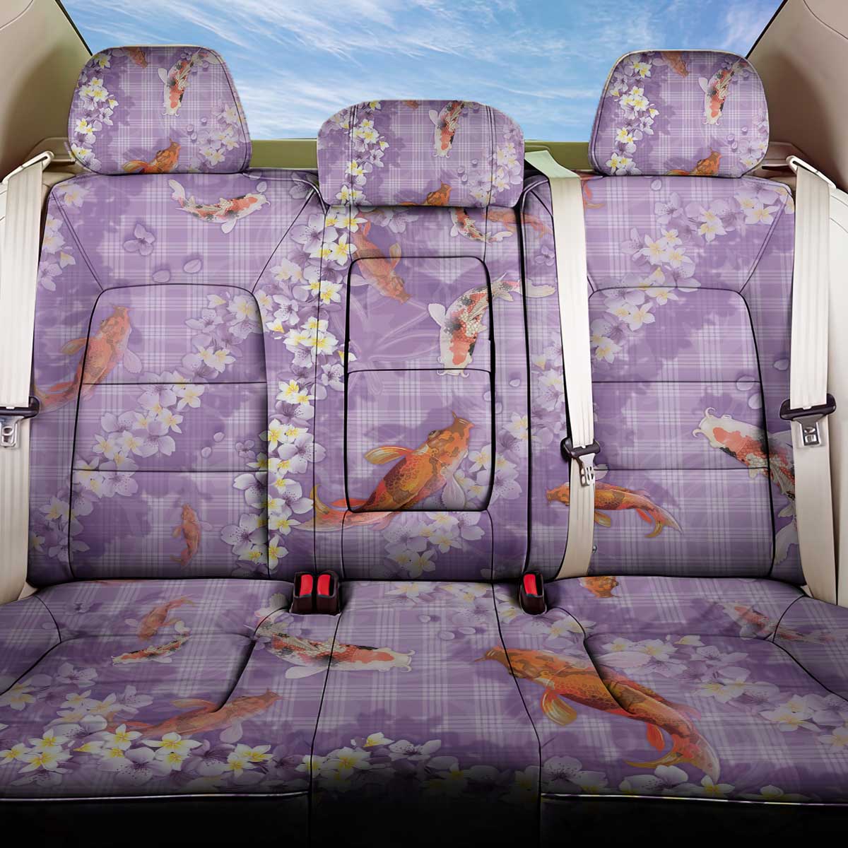 Purple Palaka Hawaiian And Japanese Back Car Seat Cover Sakura Lei With Koi Fish - Polynesian Pride