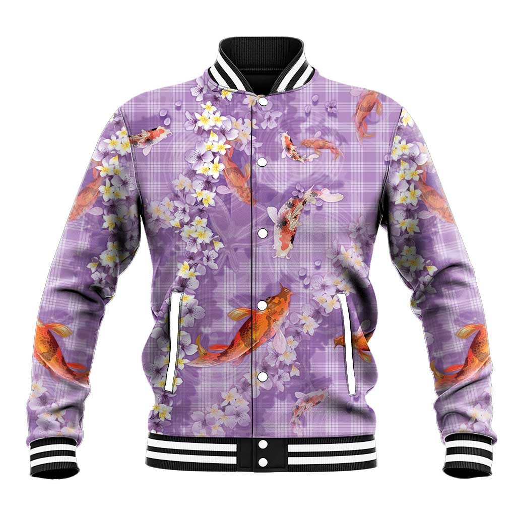 Purple Palaka Hawaiian And Japanese Baseball Jacket Sakura Lei With Koi Fish - Polynesian Pride