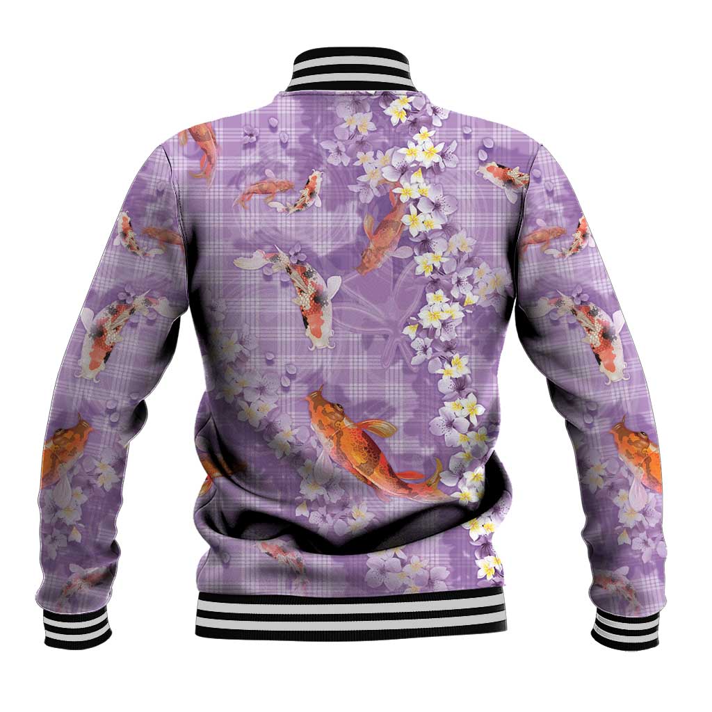 Purple Palaka Hawaiian And Japanese Baseball Jacket Sakura Lei With Koi Fish - Polynesian Pride