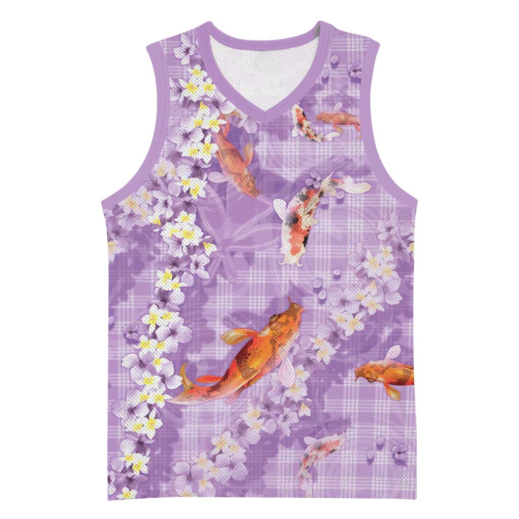 Purple Palaka Hawaiian And Japanese Basketball Jersey Sakura Lei With Koi Fish - Polynesian Pride