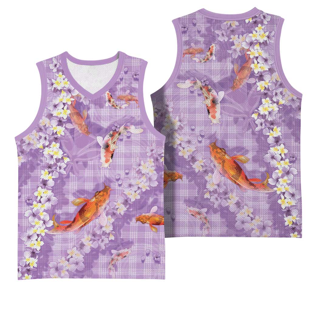 Purple Palaka Hawaiian And Japanese Basketball Jersey Sakura Lei With Koi Fish - Polynesian Pride