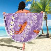 Purple Palaka Hawaiian And Japanese Beach Blanket Sakura Lei With Koi Fish - Polynesian Pride