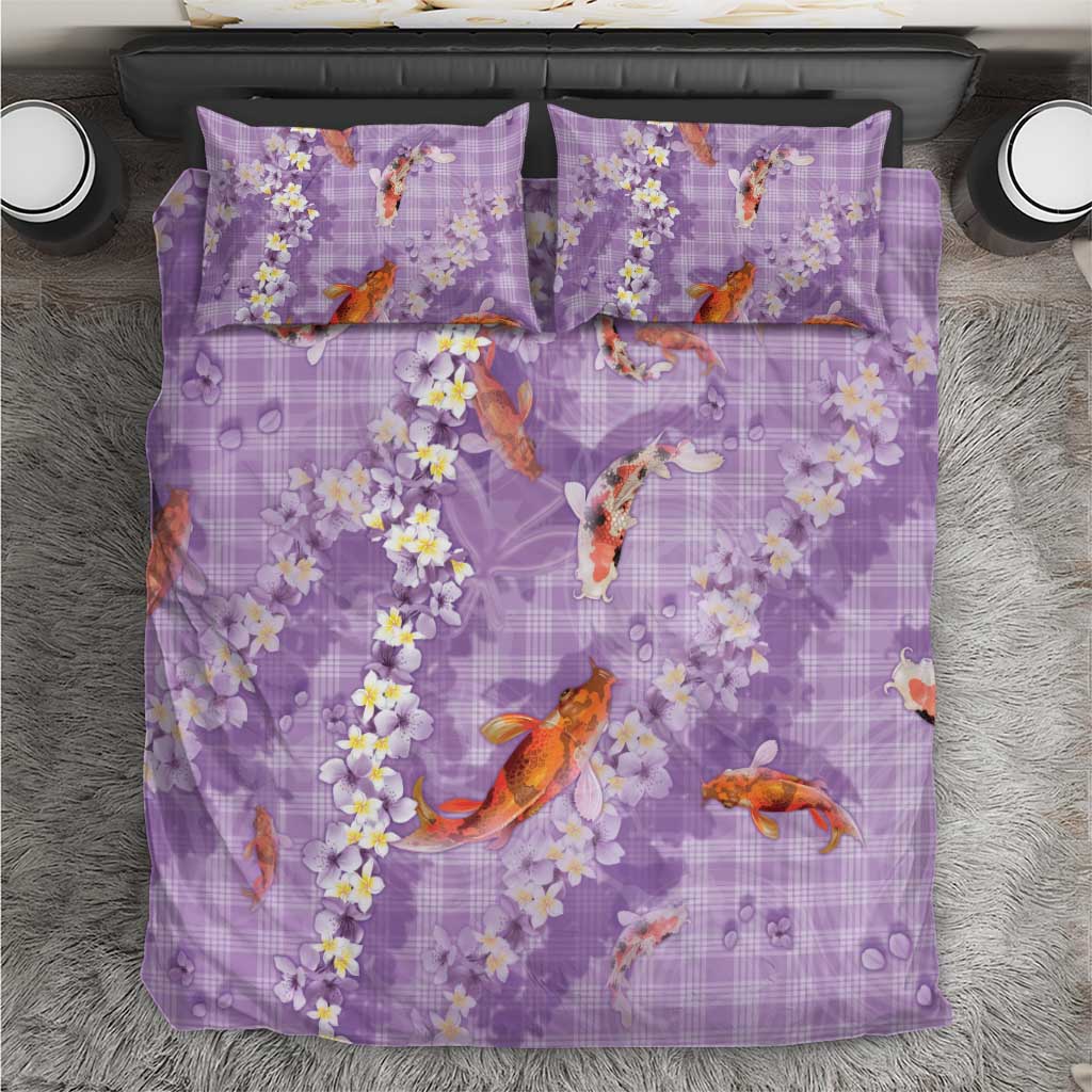 Purple Palaka Hawaiian And Japanese Bedding Set Sakura Lei With Koi Fish - Polynesian Pride
