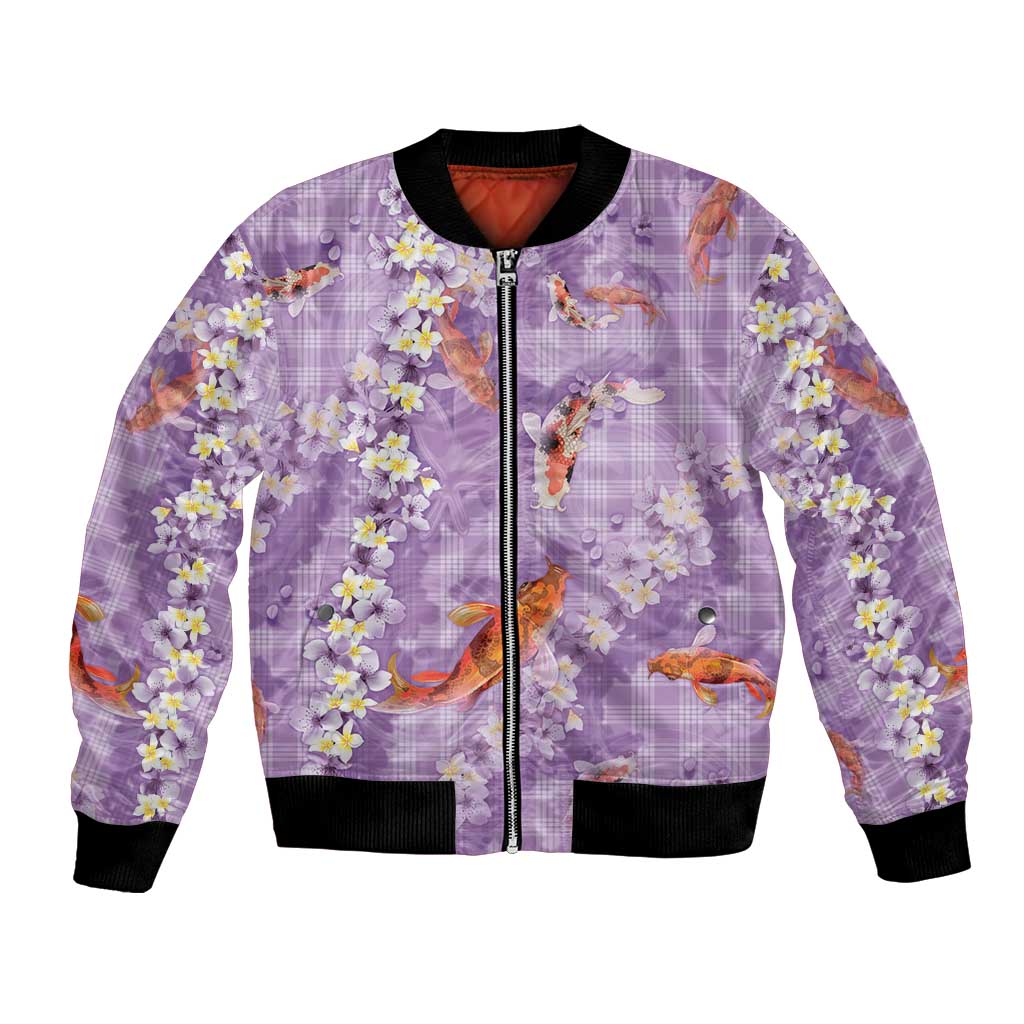 Purple Palaka Hawaiian And Japanese Bomber Jacket Sakura Lei With Koi Fish - Polynesian Pride
