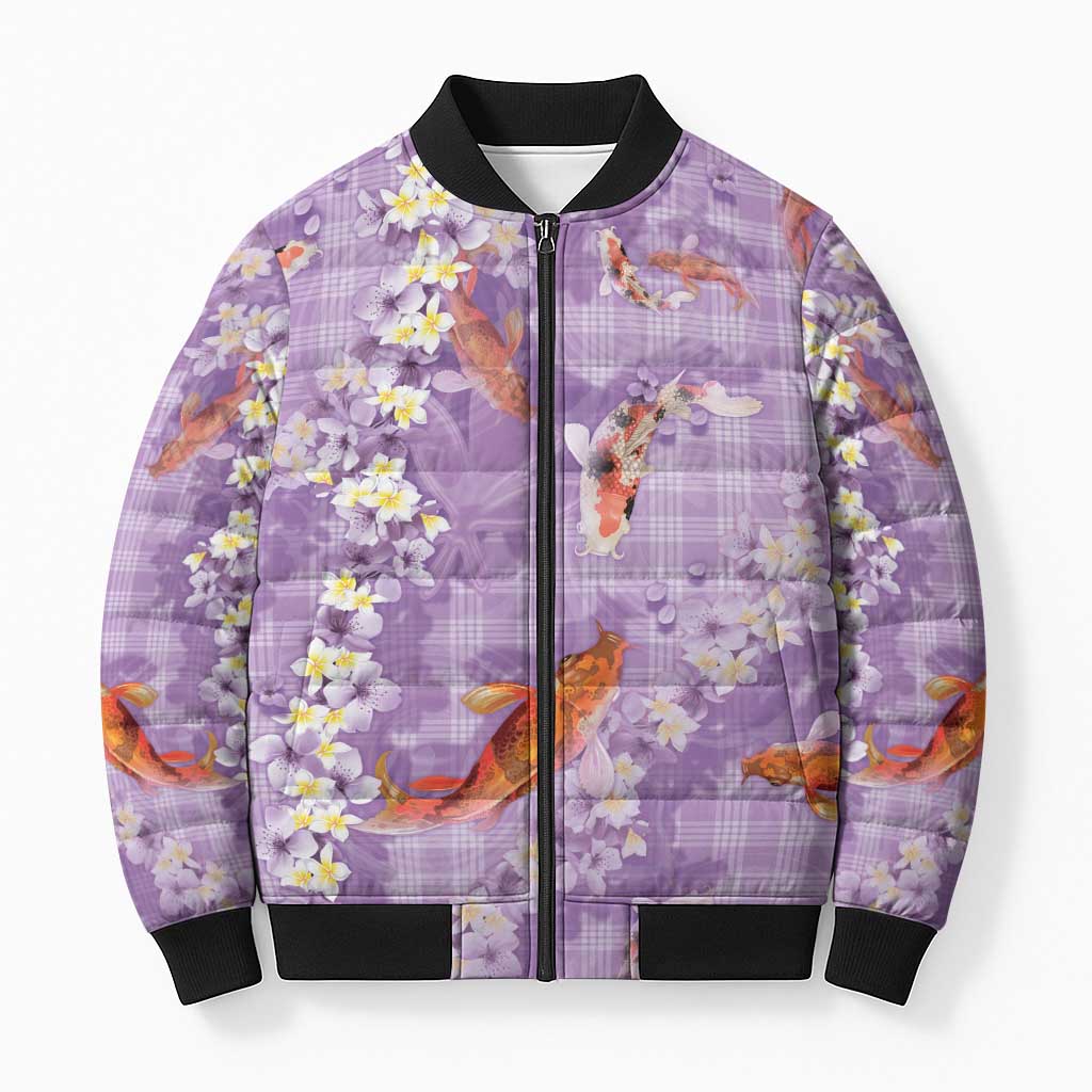 Purple Palaka Hawaiian And Japanese Bomber Puffer Jacket Sakura Lei With Koi Fish - Polynesian Pride