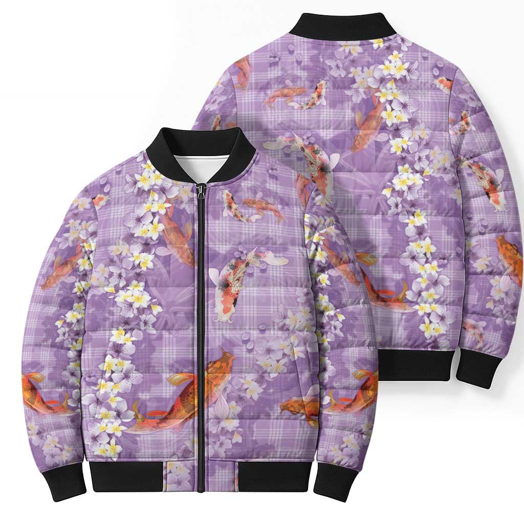 Purple Palaka Hawaiian And Japanese Bomber Puffer Jacket Sakura Lei With Koi Fish - Polynesian Pride