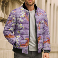 Purple Palaka Hawaiian And Japanese Bomber Puffer Jacket Sakura Lei With Koi Fish - Polynesian Pride