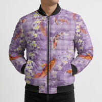 Purple Palaka Hawaiian And Japanese Bomber Puffer Jacket Sakura Lei With Koi Fish - Polynesian Pride
