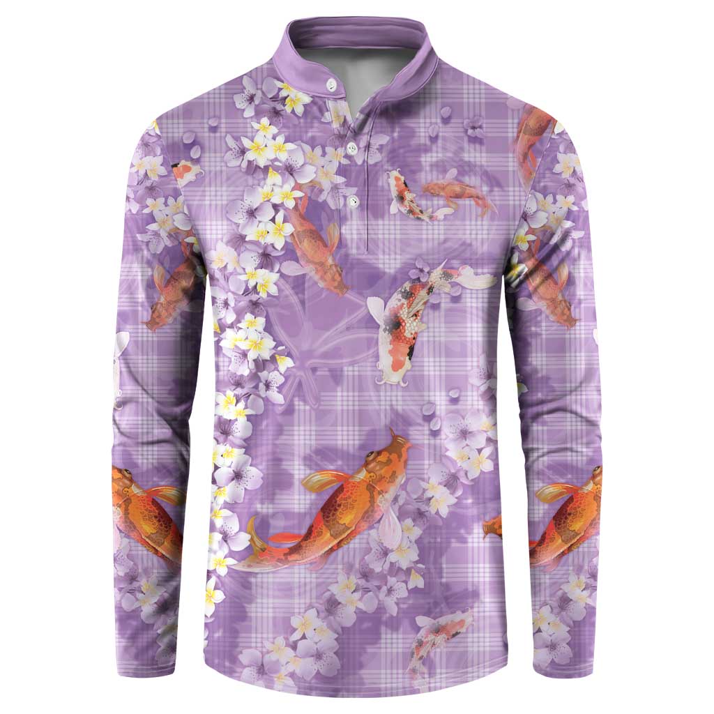 Purple Palaka Hawaiian And Japanese Button Sweatshirt Sakura Lei With Koi Fish - Polynesian Pride