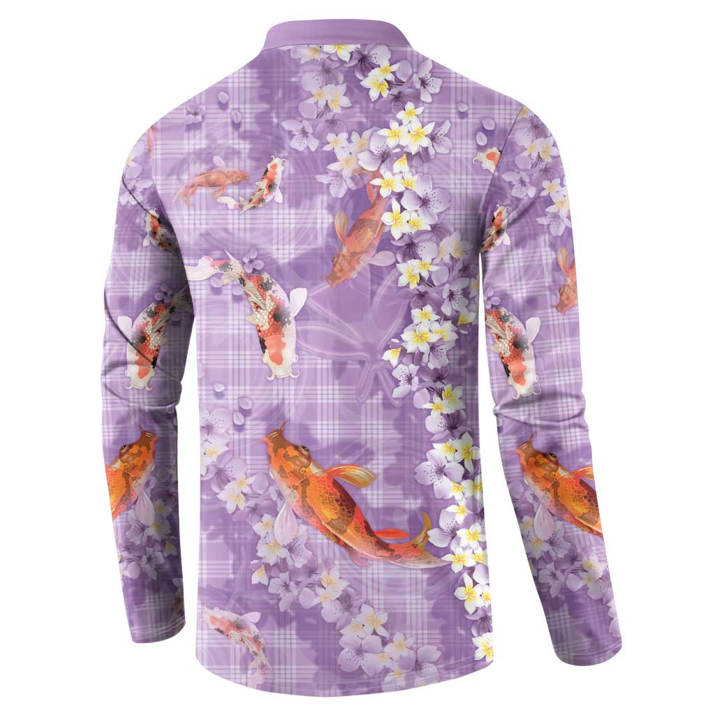 Purple Palaka Hawaiian And Japanese Button Sweatshirt Sakura Lei With Koi Fish - Polynesian Pride