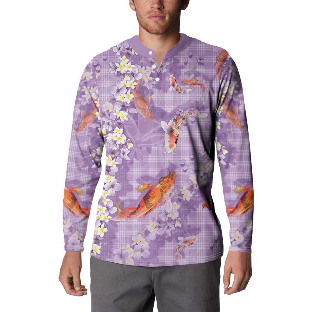 Purple Palaka Hawaiian And Japanese Button Sweatshirt Sakura Lei With Koi Fish - Polynesian Pride
