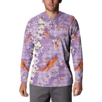 Purple Palaka Hawaiian And Japanese Button Sweatshirt Sakura Lei With Koi Fish - Polynesian Pride