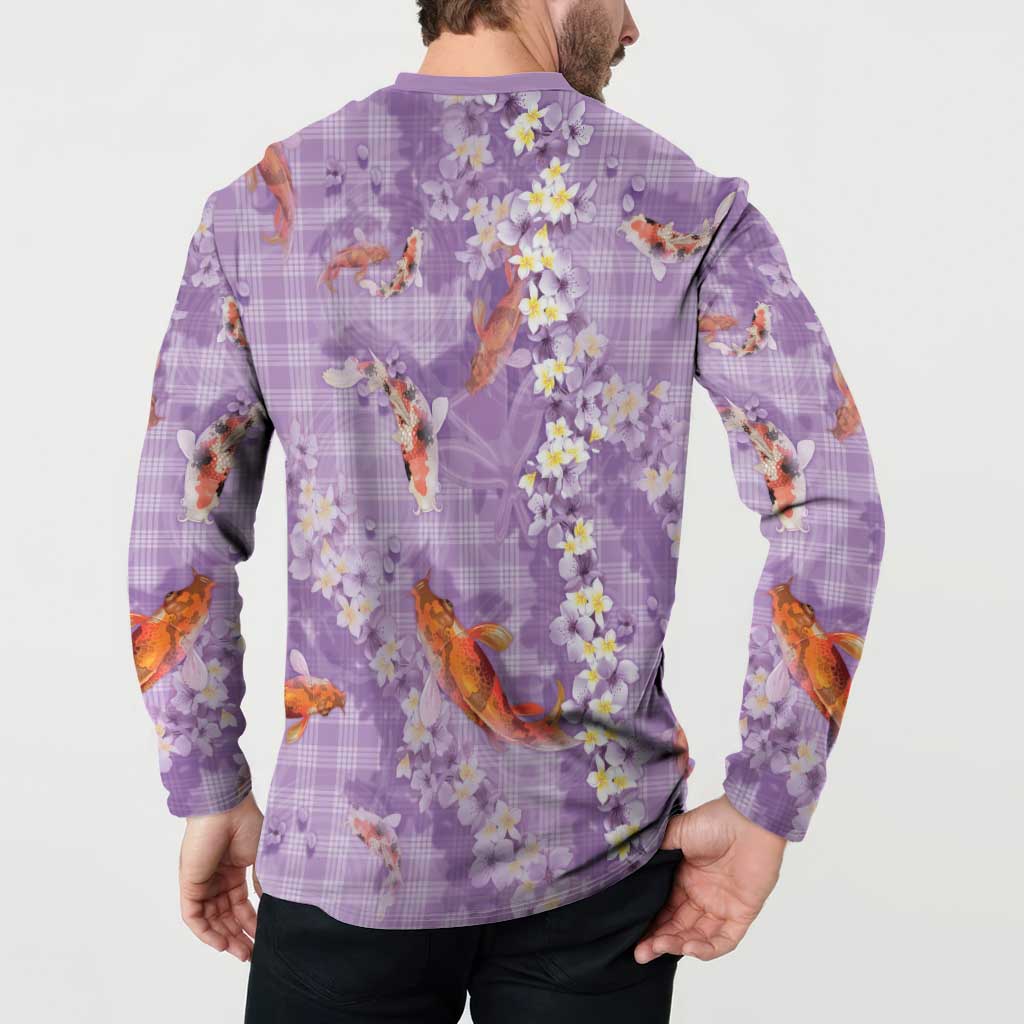 Purple Palaka Hawaiian And Japanese Button Sweatshirt Sakura Lei With Koi Fish - Polynesian Pride