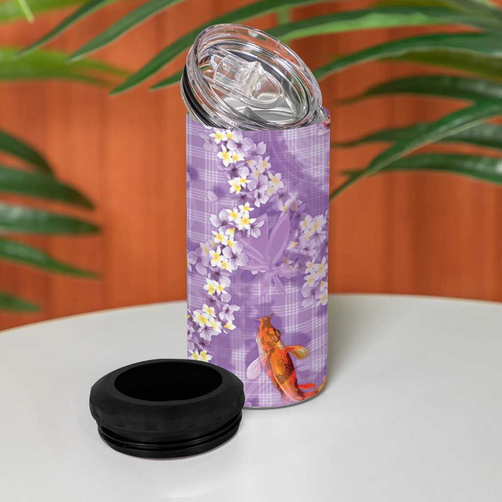 Purple Palaka Hawaiian And Japanese 4 in 1 Can Cooler Tumbler Sakura Lei With Koi Fish - Polynesian Pride