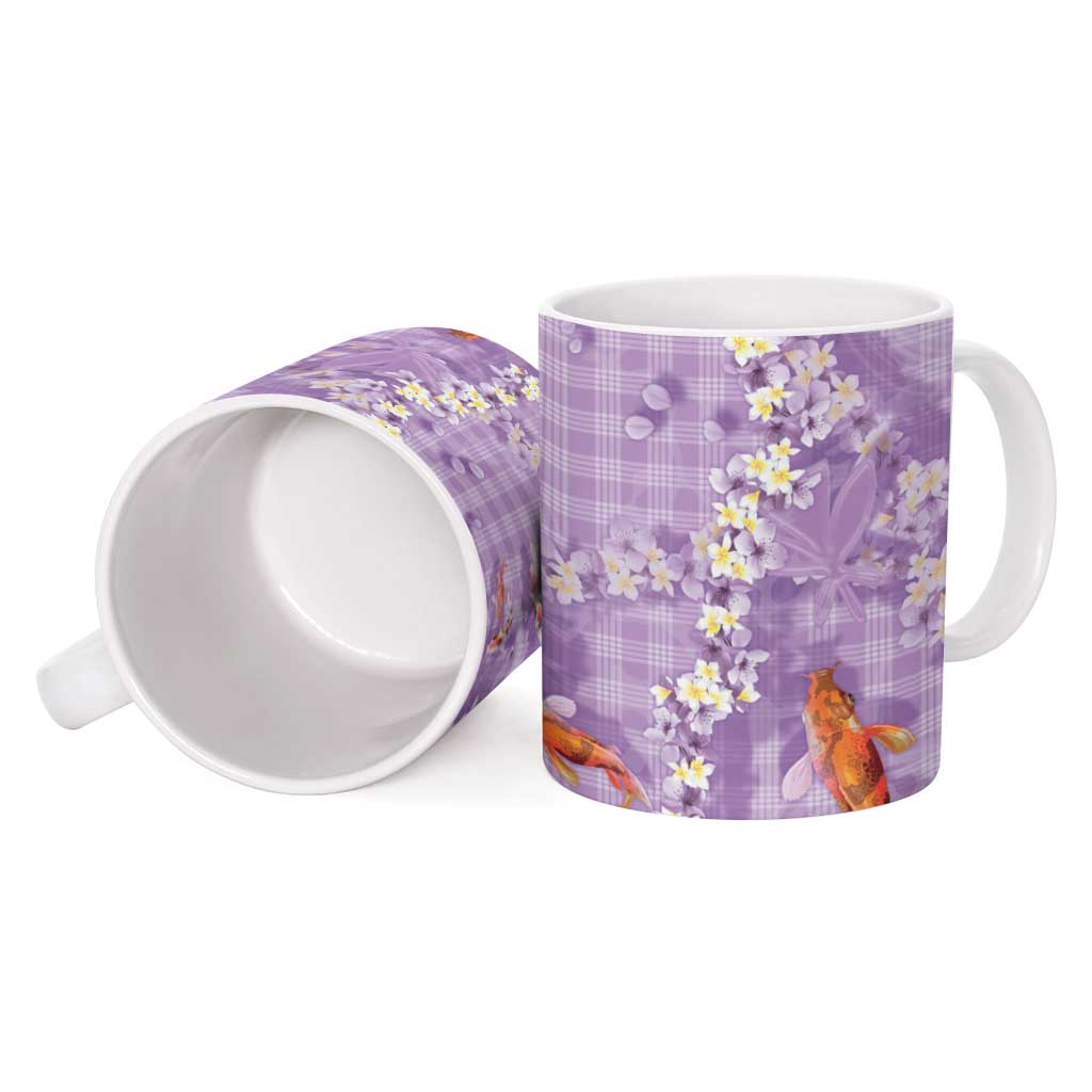Purple Palaka Hawaiian And Japanese Ceramic Mug Sakura Lei With Koi Fish - Polynesian Pride