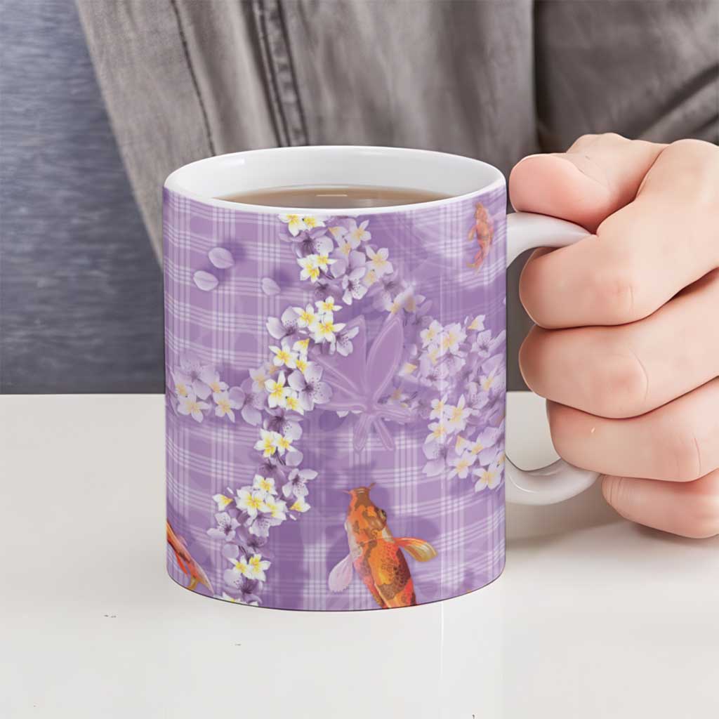 Purple Palaka Hawaiian And Japanese Ceramic Mug Sakura Lei With Koi Fish - Polynesian Pride