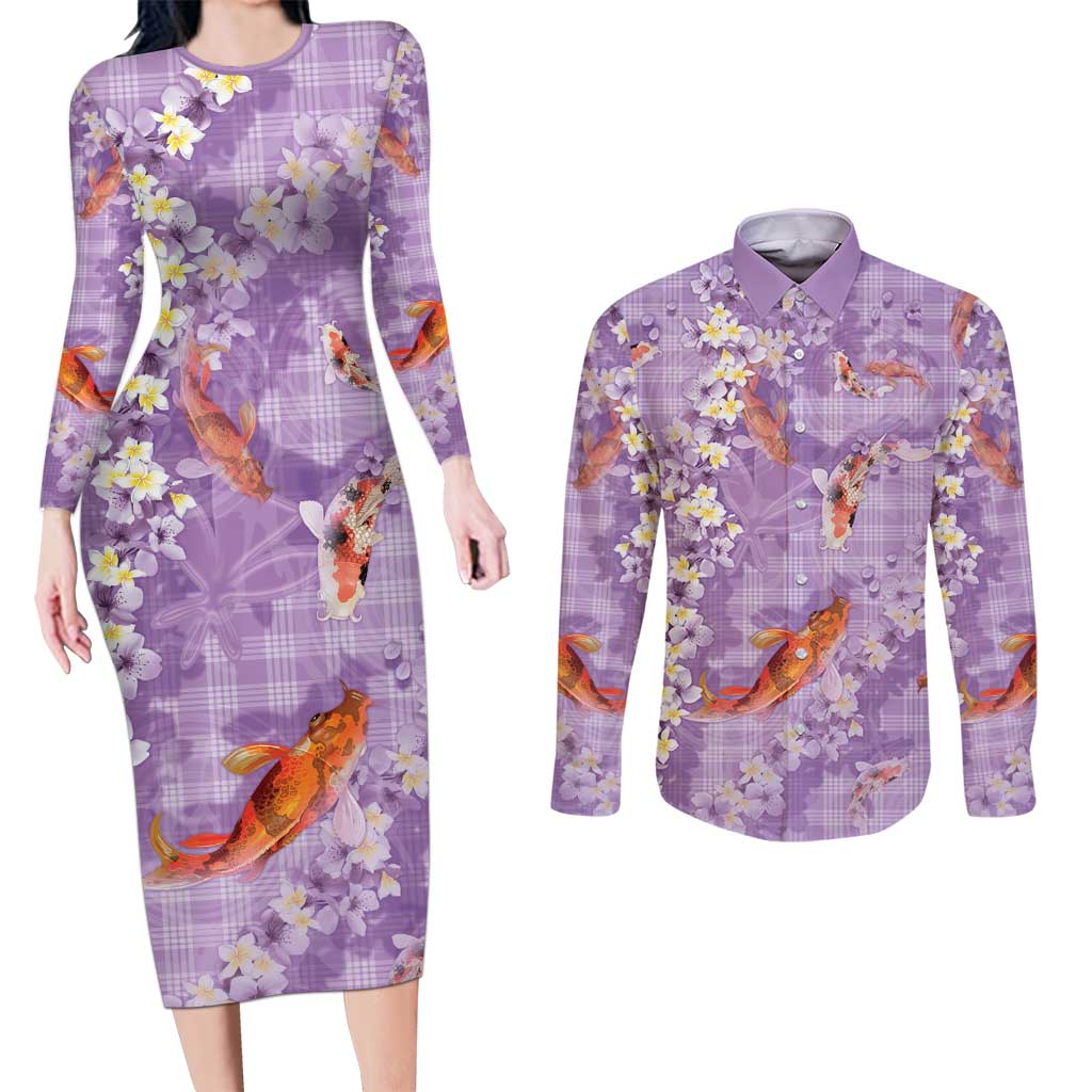Purple Palaka Hawaiian And Japanese Couples Matching Long Sleeve Bodycon Dress and Long Sleeve Button Shirt Sakura Lei With Koi Fish - Polynesian Pride