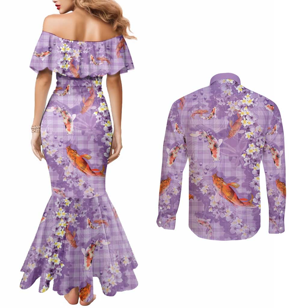 Purple Palaka Hawaiian And Japanese Couples Matching Mermaid Dress and Long Sleeve Button Shirt Sakura Lei With Koi Fish - Polynesian Pride