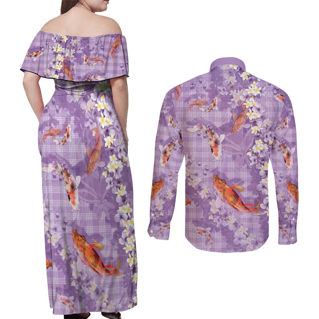 Purple Palaka Hawaiian And Japanese Couples Matching Off Shoulder Maxi Dress and Long Sleeve Button Shirt Sakura Lei With Koi Fish - Polynesian Pride