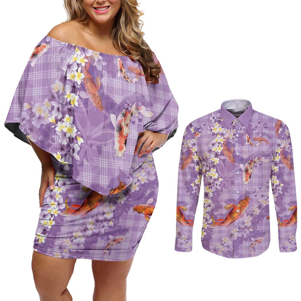 Purple Palaka Hawaiian And Japanese Couples Matching Off Shoulder Short Dress and Long Sleeve Button Shirt Sakura Lei With Koi Fish - Polynesian Pride