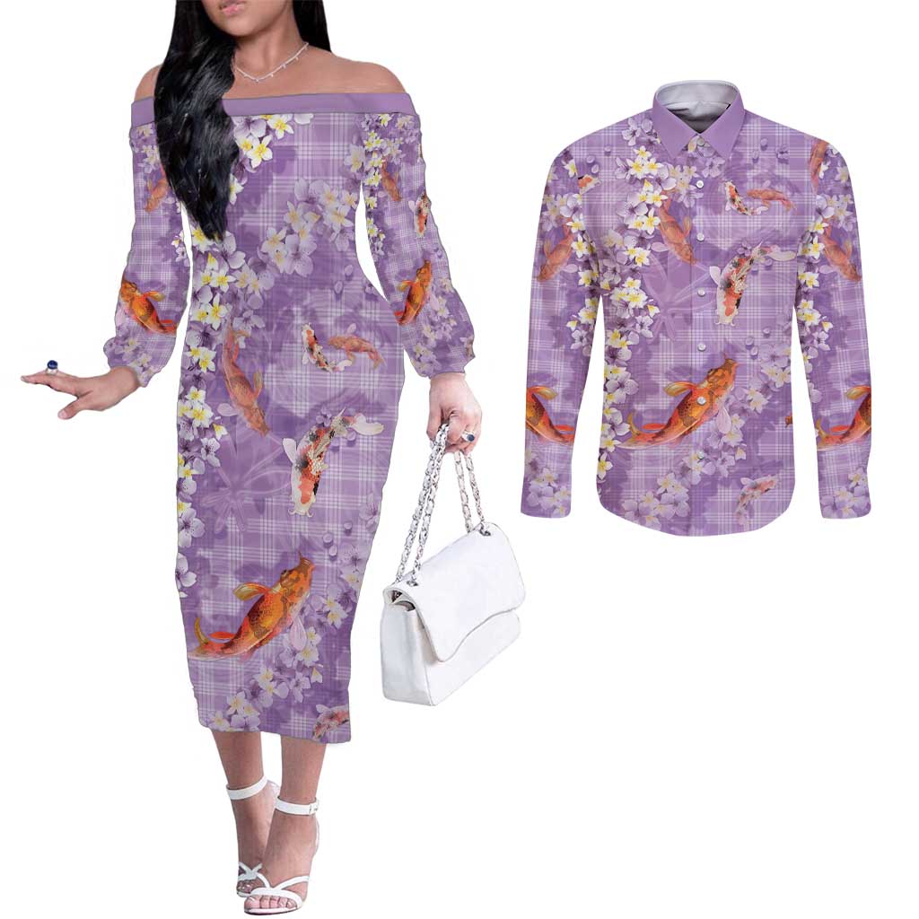 Purple Palaka Hawaiian And Japanese Couples Matching Off The Shoulder Long Sleeve Dress and Long Sleeve Button Shirt Sakura Lei With Koi Fish - Polynesian Pride