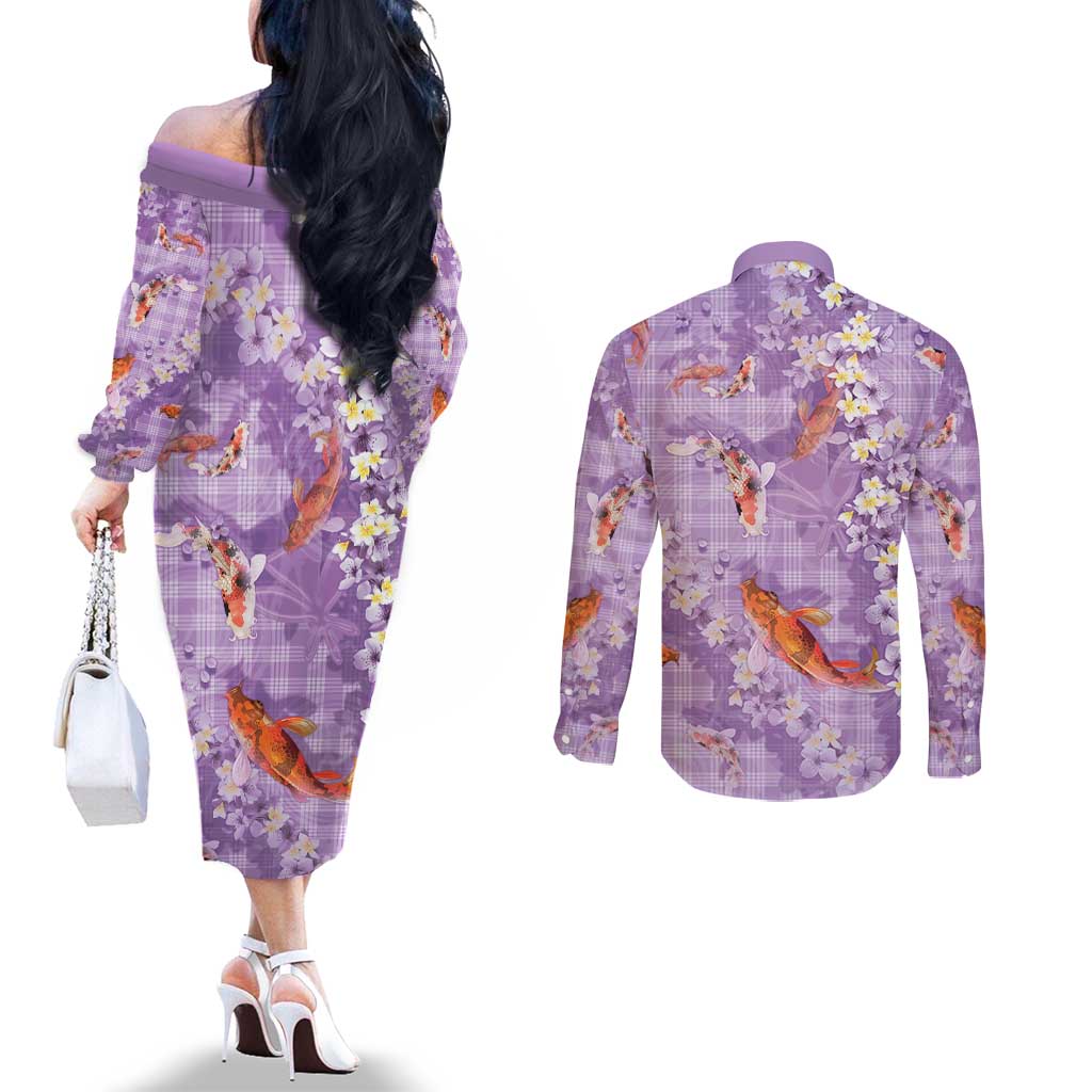 Purple Palaka Hawaiian And Japanese Couples Matching Off The Shoulder Long Sleeve Dress and Long Sleeve Button Shirt Sakura Lei With Koi Fish - Polynesian Pride