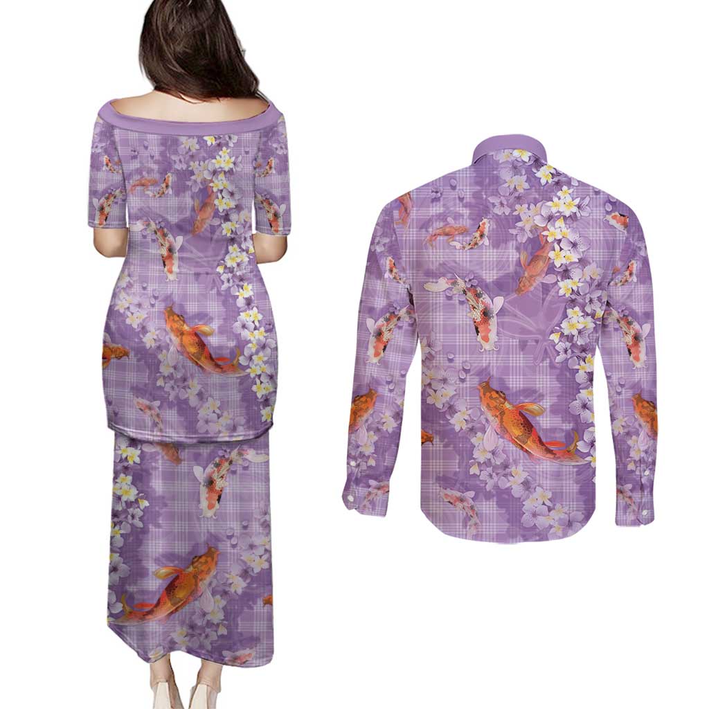 Purple Palaka Hawaiian And Japanese Couples Matching Puletasi and Long Sleeve Button Shirt Sakura Lei With Koi Fish - Polynesian Pride