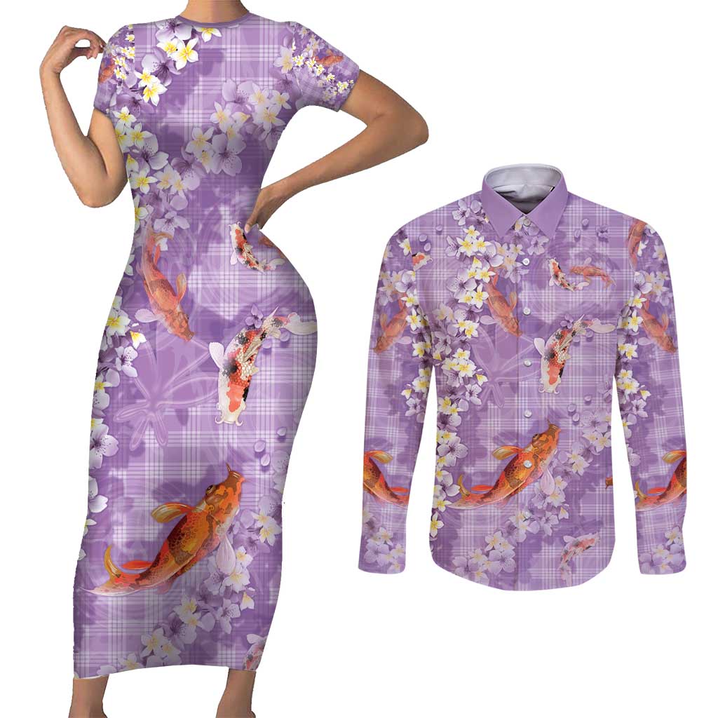Purple Palaka Hawaiian And Japanese Couples Matching Short Sleeve Bodycon Dress and Long Sleeve Button Shirt Sakura Lei With Koi Fish - Polynesian Pride