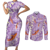 Purple Palaka Hawaiian And Japanese Couples Matching Short Sleeve Bodycon Dress and Long Sleeve Button Shirt Sakura Lei With Koi Fish - Polynesian Pride