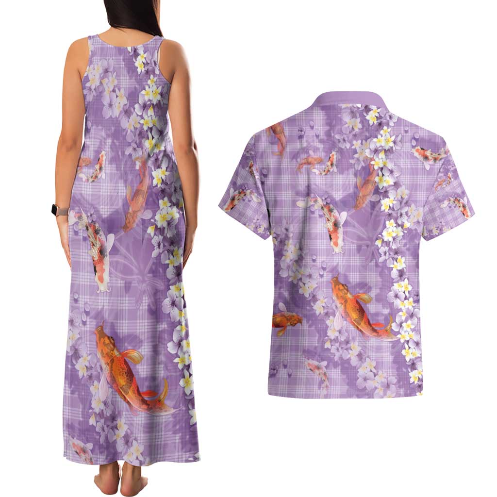 Purple Palaka Hawaiian And Japanese Couples Matching Tank Maxi Dress and Hawaiian Shirt Sakura Lei With Koi Fish - Polynesian Pride