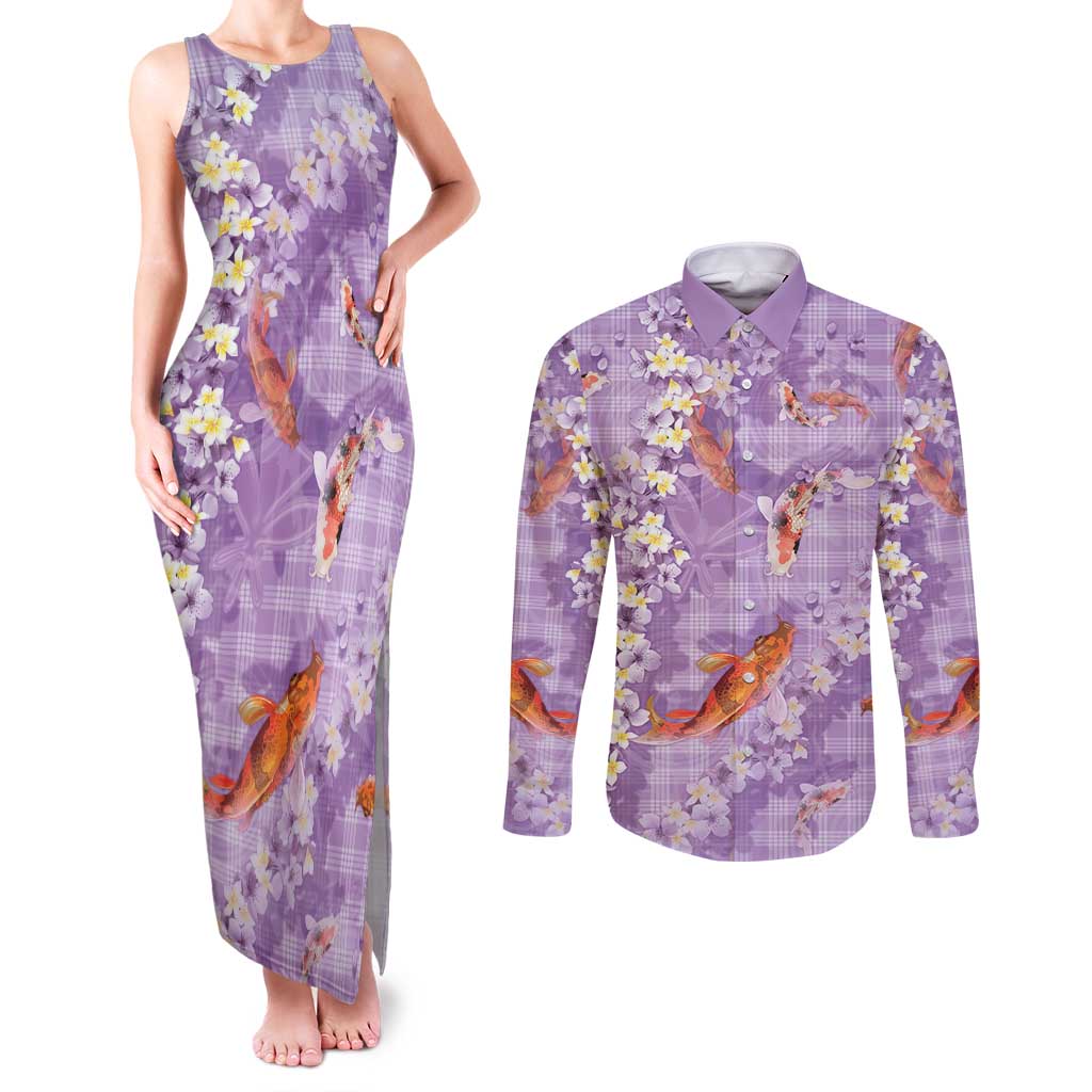 Purple Palaka Hawaiian And Japanese Couples Matching Tank Maxi Dress and Long Sleeve Button Shirt Sakura Lei With Koi Fish - Polynesian Pride
