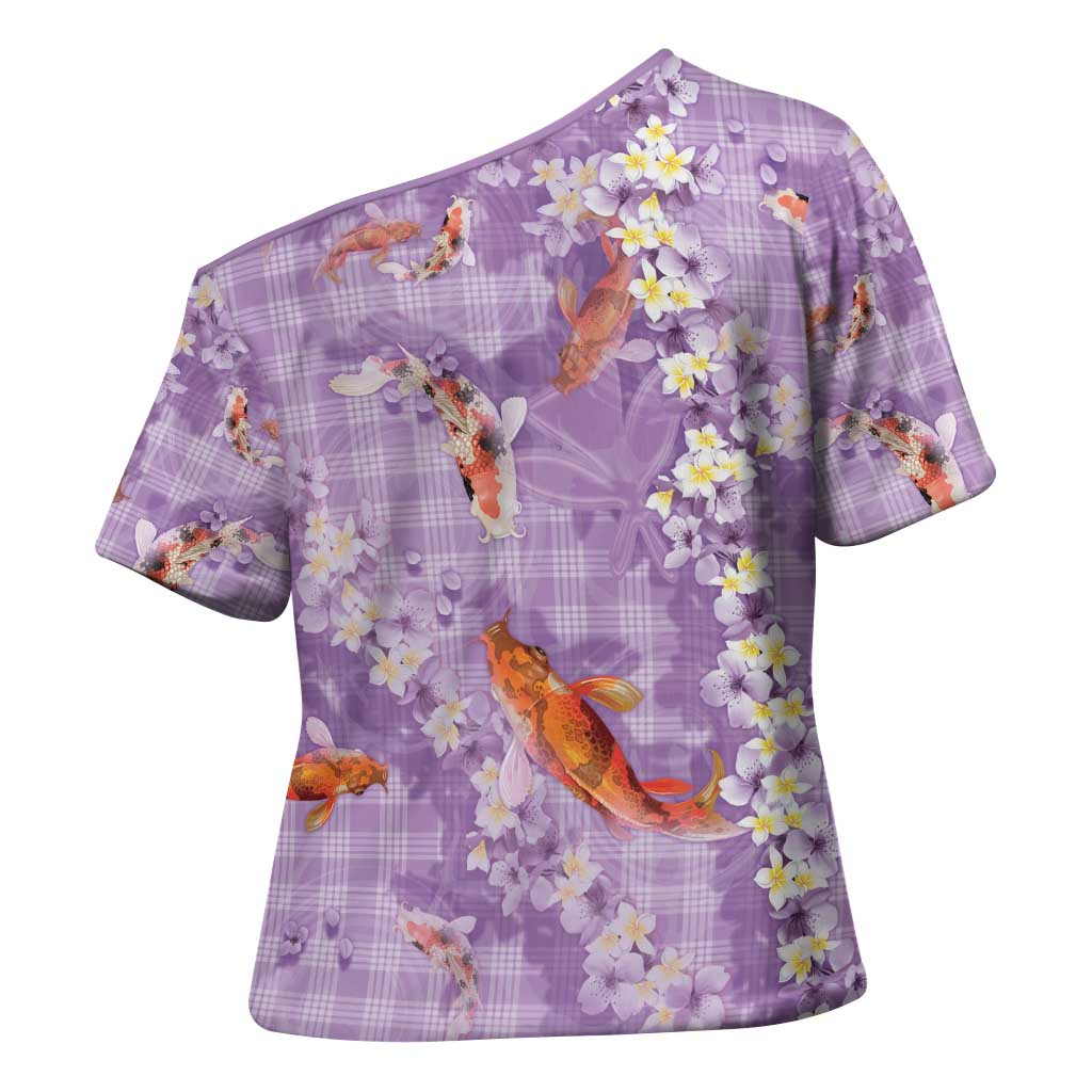 Purple Palaka Hawaiian And Japanese Cross Shoulder Shirt Sakura Lei With Koi Fish - Polynesian Pride
