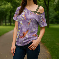 Purple Palaka Hawaiian And Japanese Cross Shoulder Shirt Sakura Lei With Koi Fish - Polynesian Pride