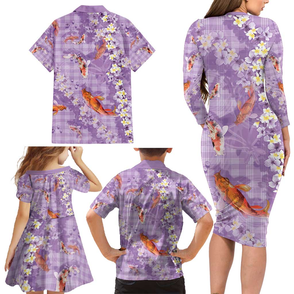 Purple Palaka Hawaiian And Japanese Family Matching Long Sleeve Bodycon Dress and Hawaiian Shirt Sakura Lei With Koi Fish - Polynesian Pride