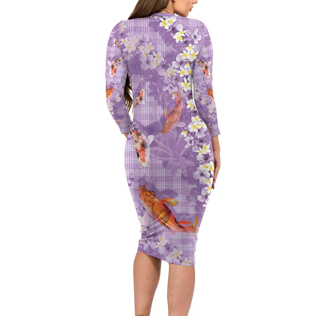 Purple Palaka Hawaiian And Japanese Family Matching Long Sleeve Bodycon Dress and Hawaiian Shirt Sakura Lei With Koi Fish - Polynesian Pride