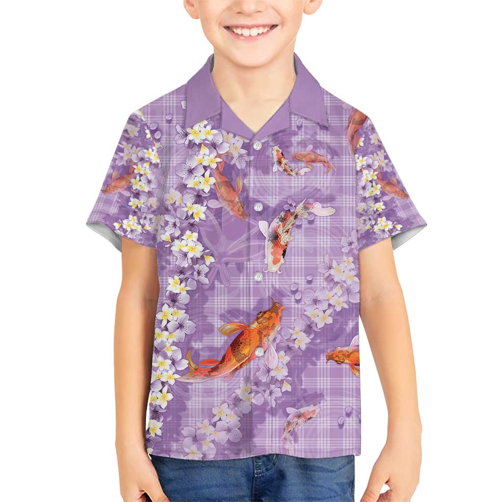 Purple Palaka Hawaiian And Japanese Family Matching Long Sleeve Bodycon Dress and Hawaiian Shirt Sakura Lei With Koi Fish - Polynesian Pride