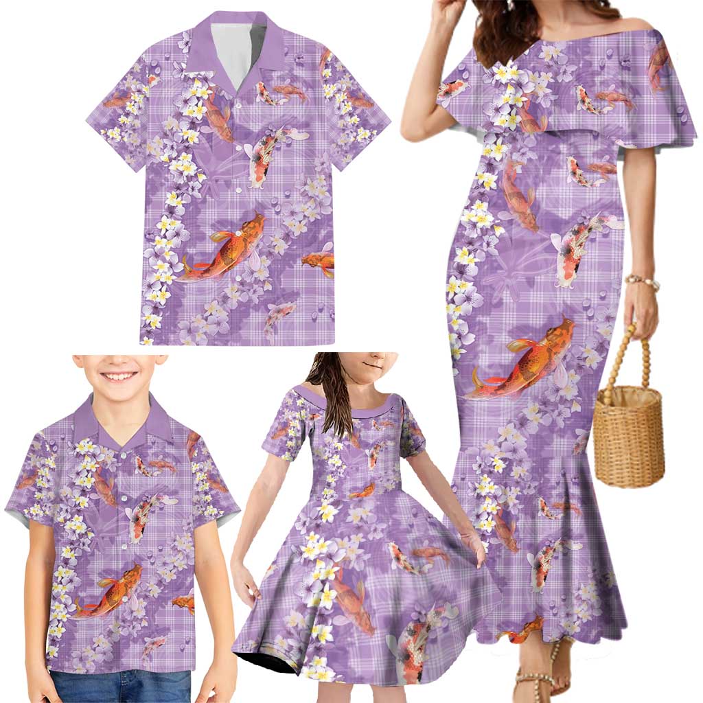 Purple Palaka Hawaiian And Japanese Family Matching Mermaid Dress and Hawaiian Shirt Sakura Lei With Koi Fish - Polynesian Pride
