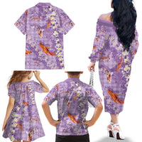 Purple Palaka Hawaiian And Japanese Family Matching Off The Shoulder Long Sleeve Dress and Hawaiian Shirt Sakura Lei With Koi Fish - Polynesian Pride