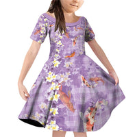 Purple Palaka Hawaiian And Japanese Family Matching Off Shoulder Short Dress and Hawaiian Shirt Sakura Lei With Koi Fish - Polynesian Pride