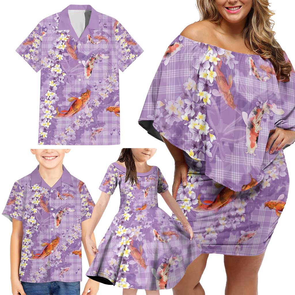 Purple Palaka Hawaiian And Japanese Family Matching Off Shoulder Short Dress and Hawaiian Shirt Sakura Lei With Koi Fish - Polynesian Pride