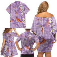 Purple Palaka Hawaiian And Japanese Family Matching Off Shoulder Short Dress and Hawaiian Shirt Sakura Lei With Koi Fish - Polynesian Pride