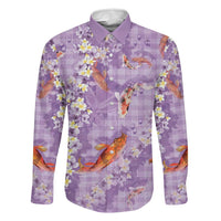 Purple Palaka Hawaiian And Japanese Family Matching Puletasi and Hawaiian Shirt Sakura Lei With Koi Fish DT05 Dad's Shirt - Long Sleeve Purple - Polynesian Pride